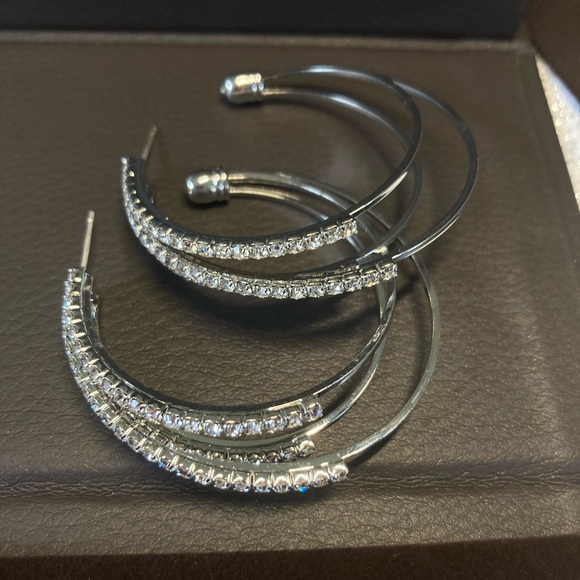 Rhinestone Silver Hoop Earrings - Picture 5 of 7